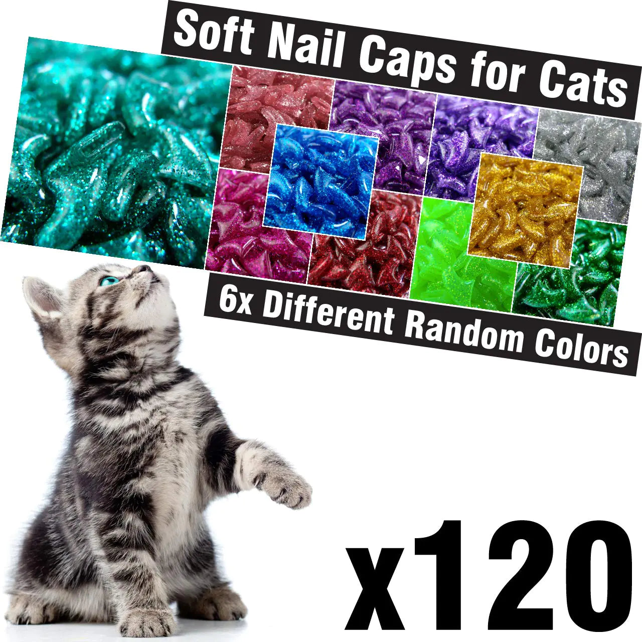 zetpo Glitter Cat Nail Caps | Cat Claw Covers | with Adhesives and Applicators (6X Glitter | 120 pcs XS)