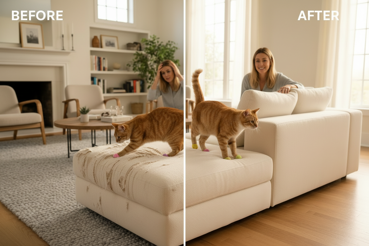 A cozy living room scene with a playful cat wearing nail caps walking on a sofa or carpet without causing damage. The home looks tidy and scratch-free. The image communicates peace of mind for cat owners.