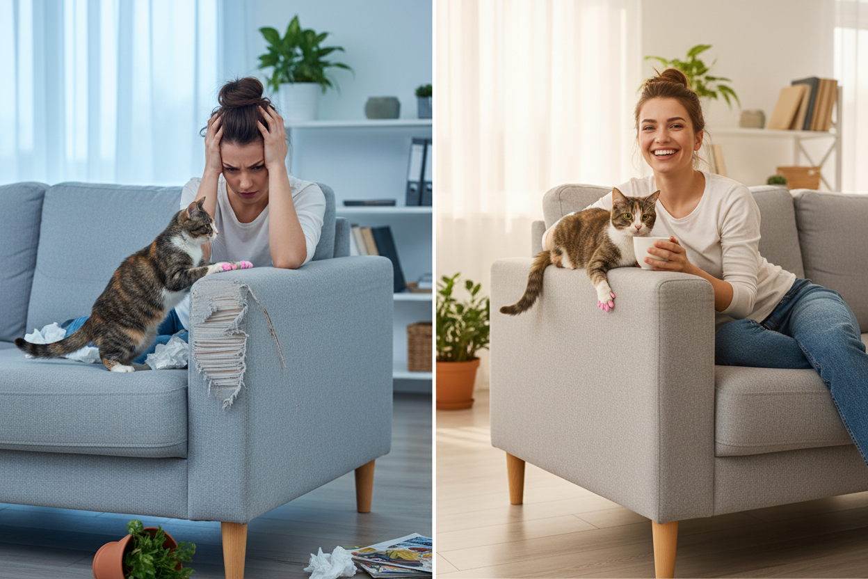 Split-screen image showing a problem and solution. Left side: scratched sofa, stressed cat owner, cat scratching furniture. Right side: the same cat wearing cat nail caps, sofa perfectly protected, owner smiling and relaxed. Modern home interior, realistic style, strong contrast between problem and solution, clear visual storytelling,